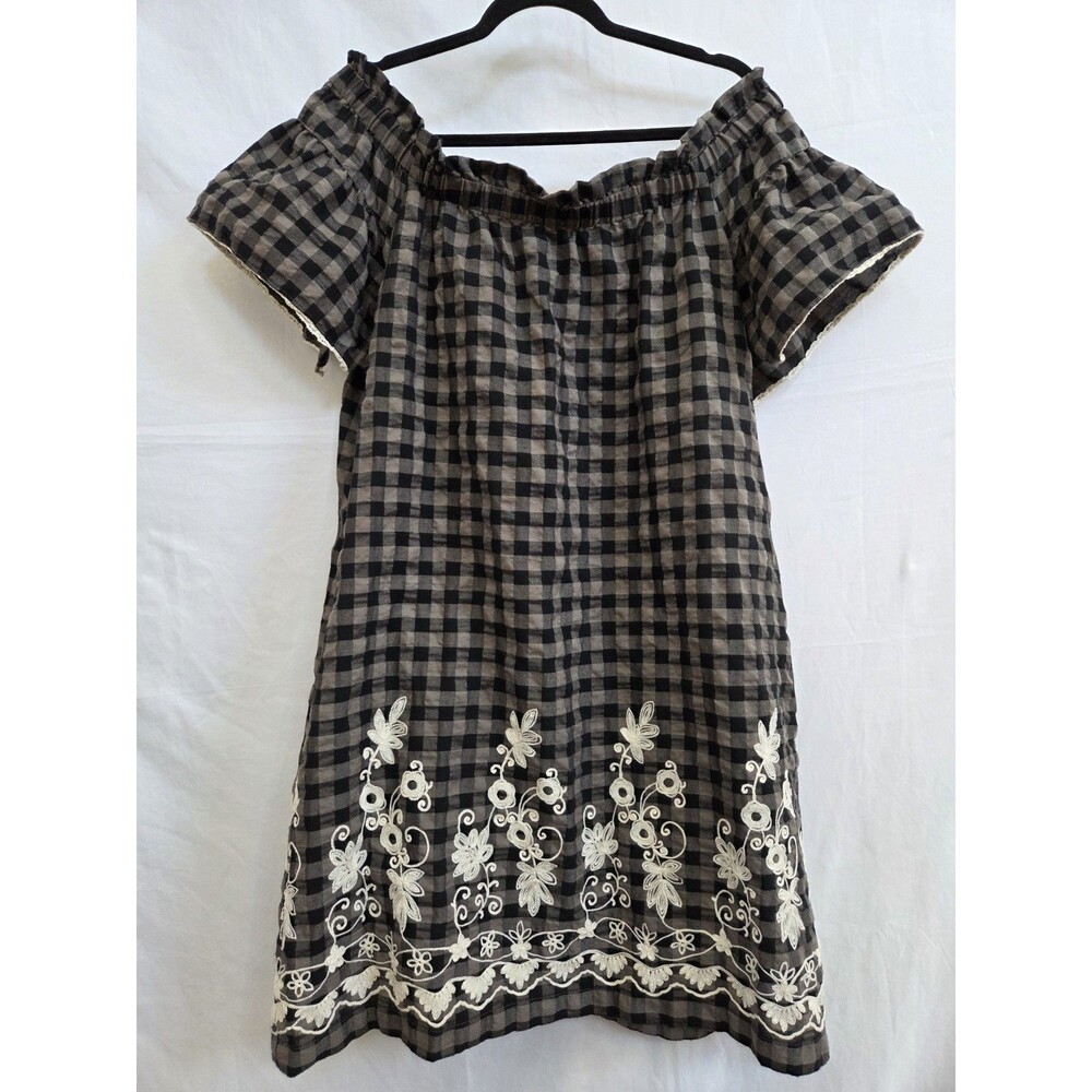 UNCLE FRANK Anthropologie Gingham Plaid Gray Black Floral Embroidered Boho Dress